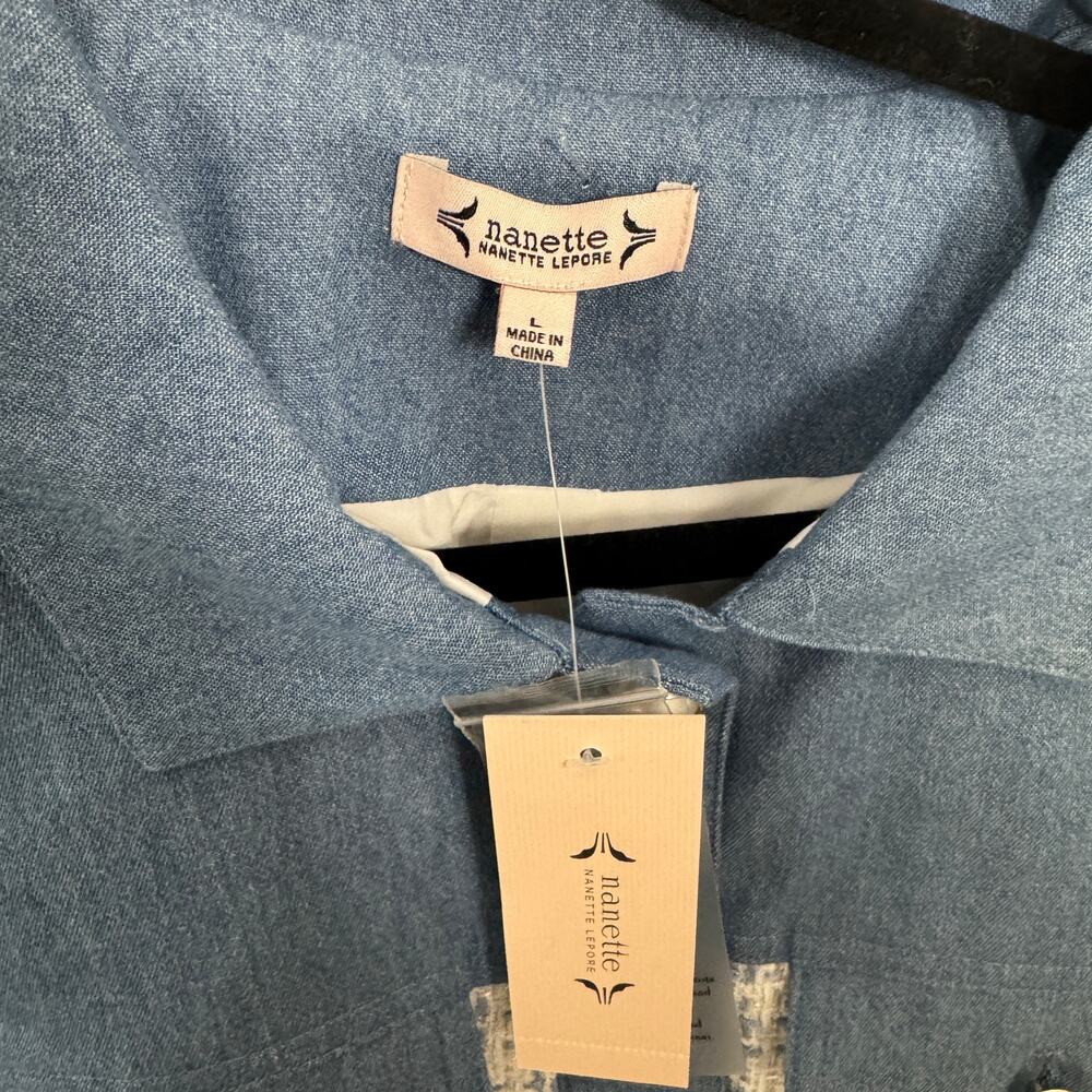 Nanette Lepore Tweed Jacket Denim Trim Boucle Pearl Buttons US Womens L New - Picture 6 of 11